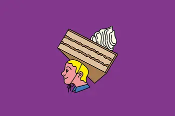 Illustration | Person mit Tortenstück als Hut am Kopf