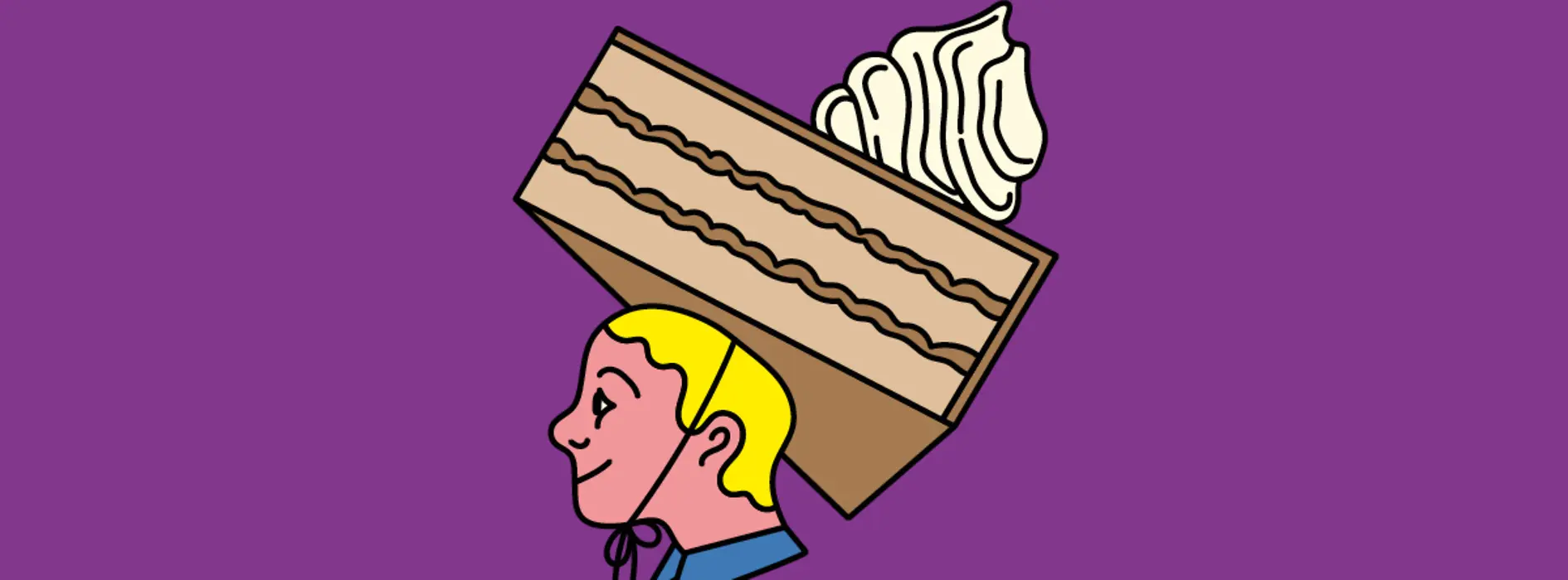 Illustration | Person mit Tortenstück als Hut am Kopf