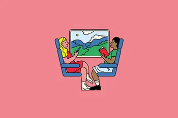 Illustration | 2 Personen sitzen in einem Zug vor schöner Aussicht und lesen, eine auf dem Smartphone, eine aus einem Buch