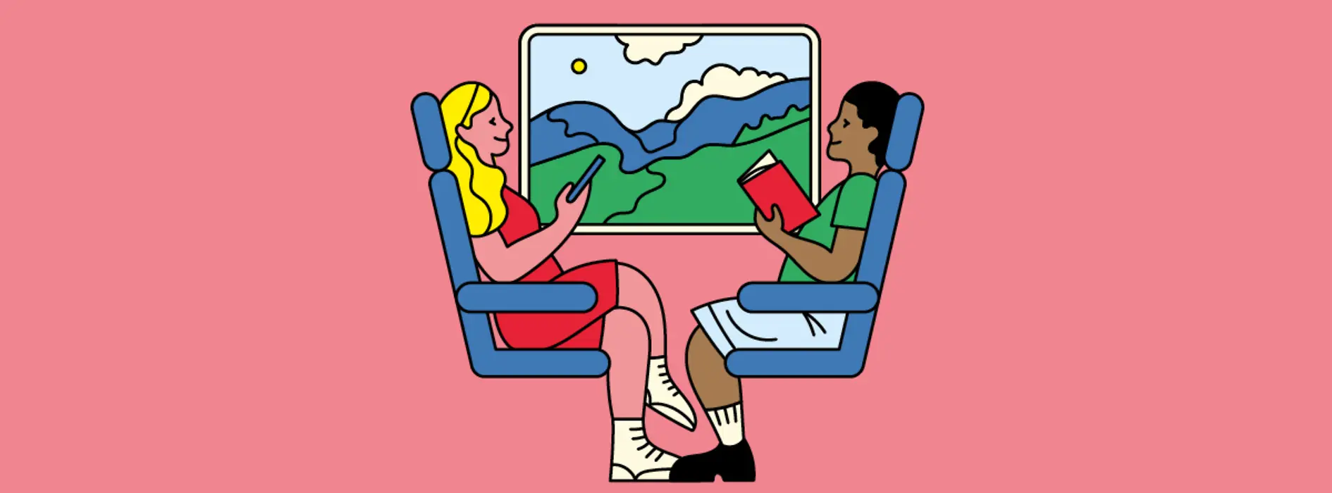 Illustration | 2 Personen sitzen in einem Zug vor schöner Aussicht und lesen, eine auf dem Smartphone, eine aus einem Buch