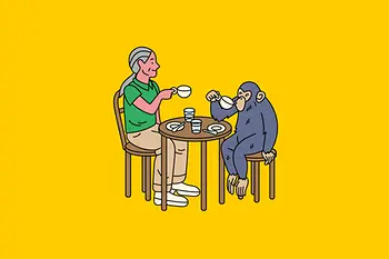 Illustration | Jane Goodall sitzt mit einem Affen am Tisch und trinkt Kaffee
