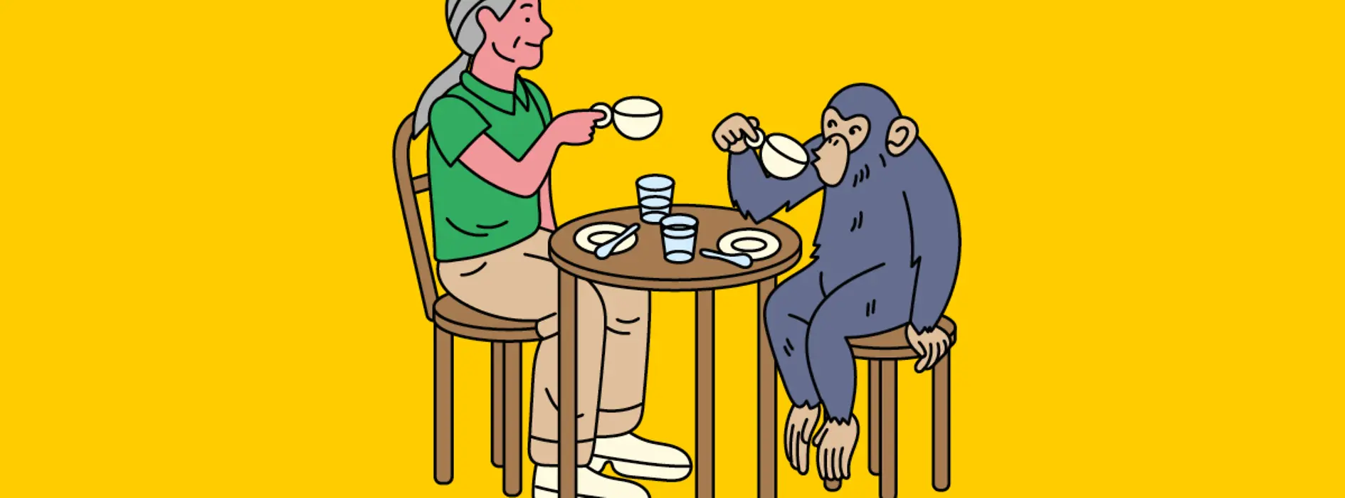 Illustration | Jane Goodall sits at the table with a monkey and drinks coffee