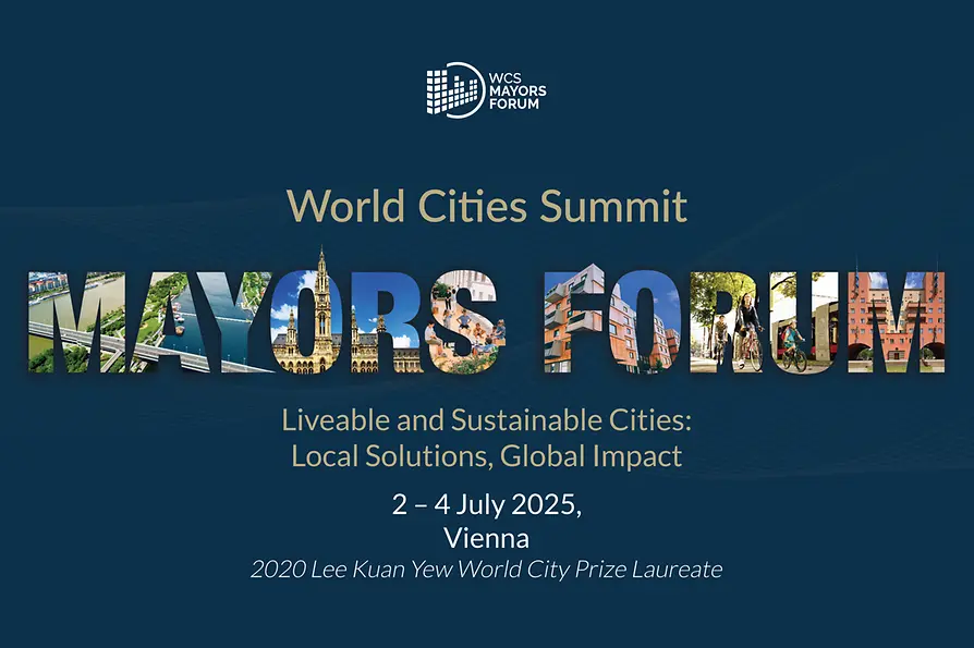 Bild mit Text World Cities Summit, Mayors Forum, Liveanle and Sustainable Cities, Local Solutions, Global Impact