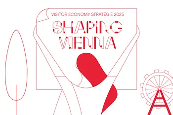 Icon Dame, Riesenrad, Baum mit Aufschrift Visitor Economy Strategie 2025 Shaping Vienna