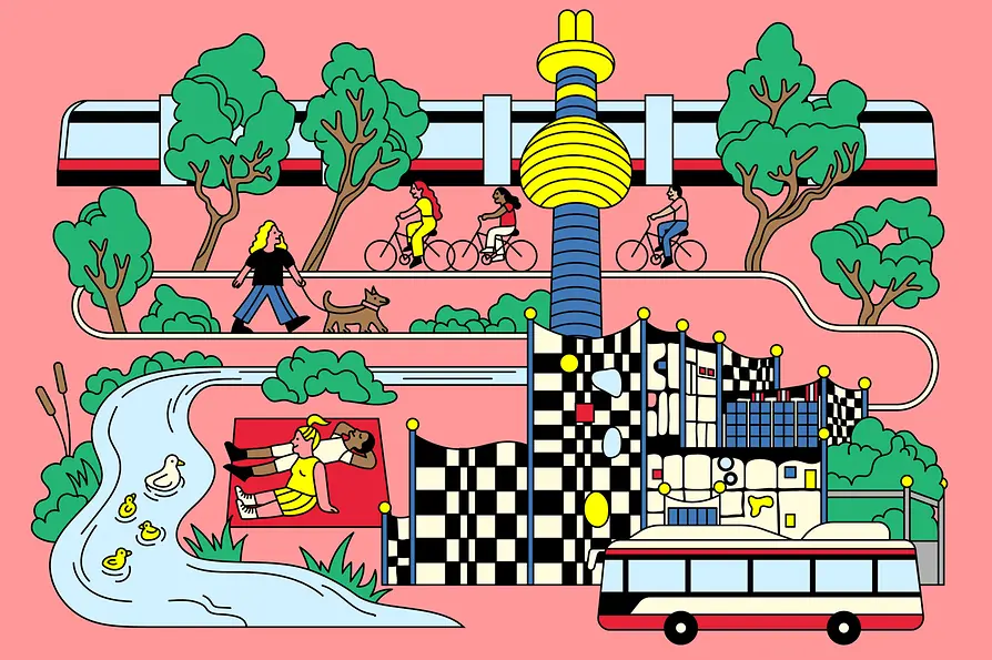 Illustration | Spittelau Müllverbrennungsanlage, Straßenbahn, Bus, Fahrrad, Fußgänger:in, Bach mit Enten, Nachhaltigkeit