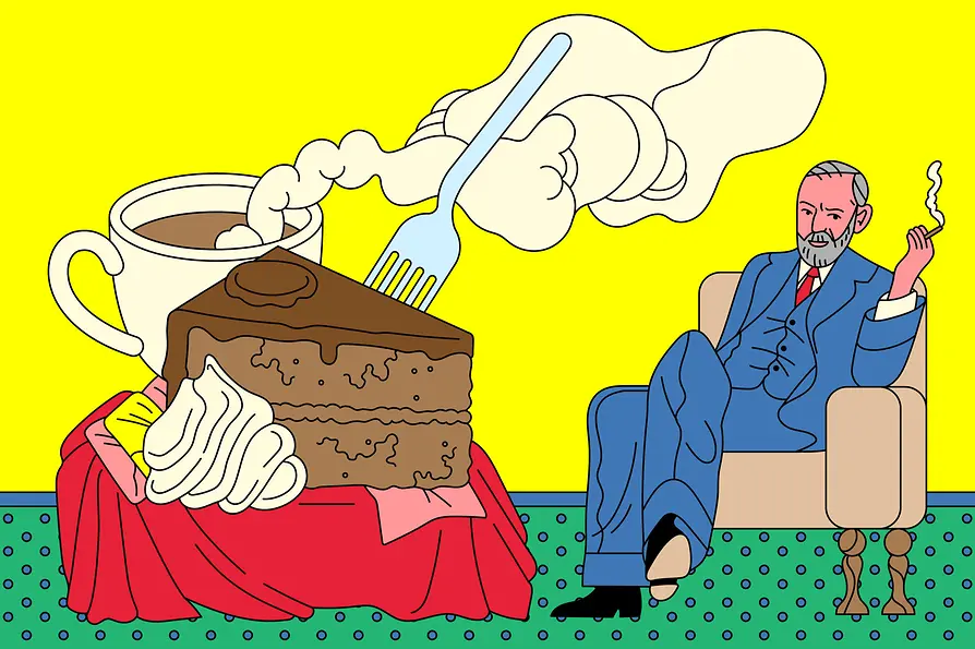lllustration | Sigmund Freud mit Sachertorte und Kaffeetasse auf der Therapiecouch
