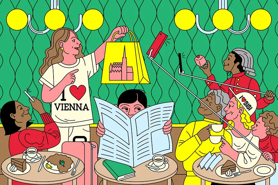 Illustration | Tourist:innen sitzen im Kaffeehaus, haben Souvenirs in Händen und machen Fotos