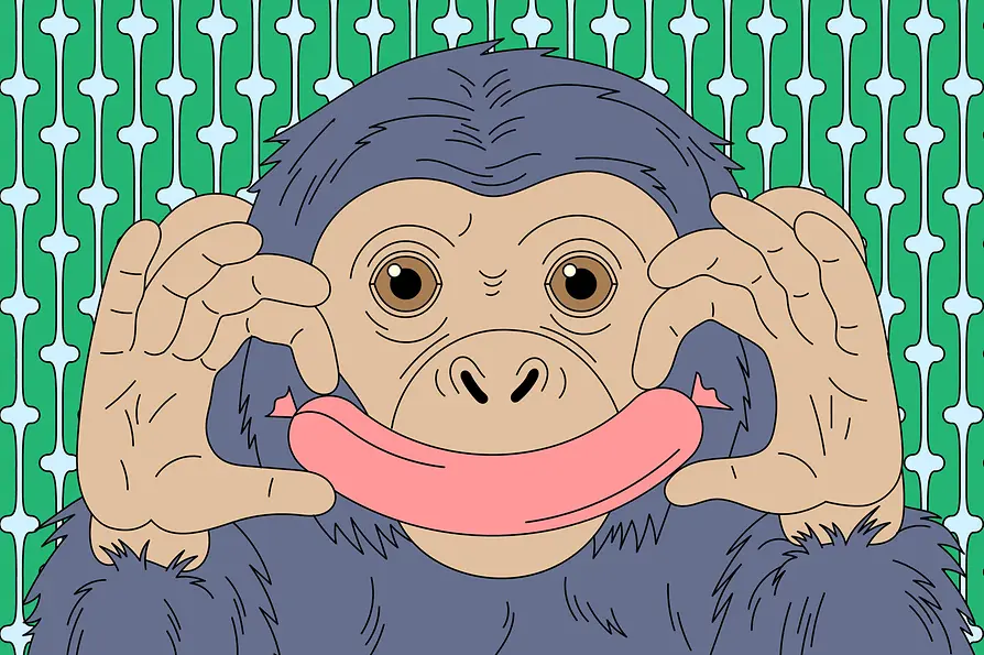 Illustration | Monkey holds sausage in front of mouth as a smile