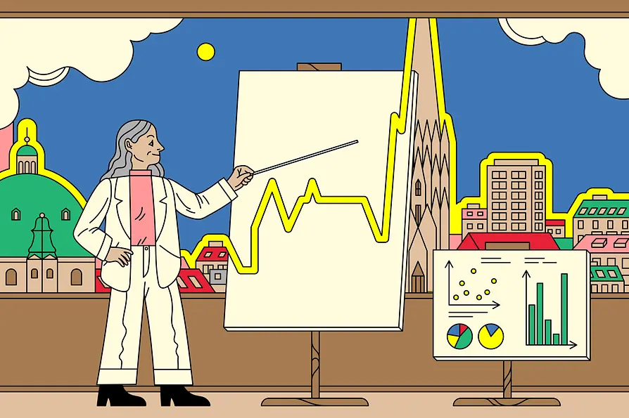 Illustration | The Vienna skyline forms a growth graph. Person presents it on a flipchart.