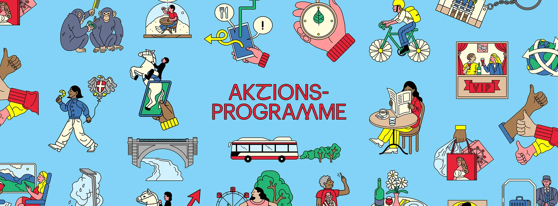 Illustration | Text: "Aktionsprogramme" zwischen bunten Wien Illustrationen