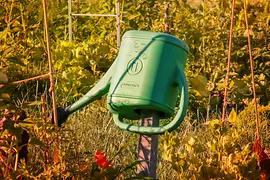 Watering can hanging in a garden